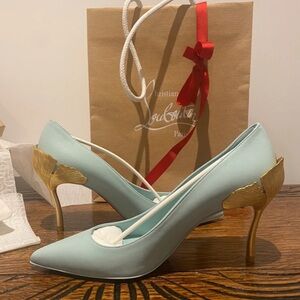 Christian Louboutin Mint Heels with Gold Accents
